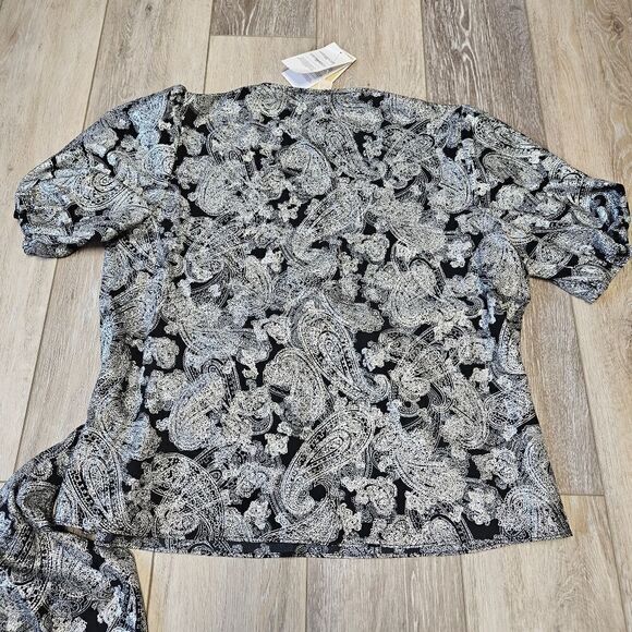 Michael Kors Black Silver Foil Paisley Wrap Top Blouse Women's Medium Tie Side - Picture 9 of 14
